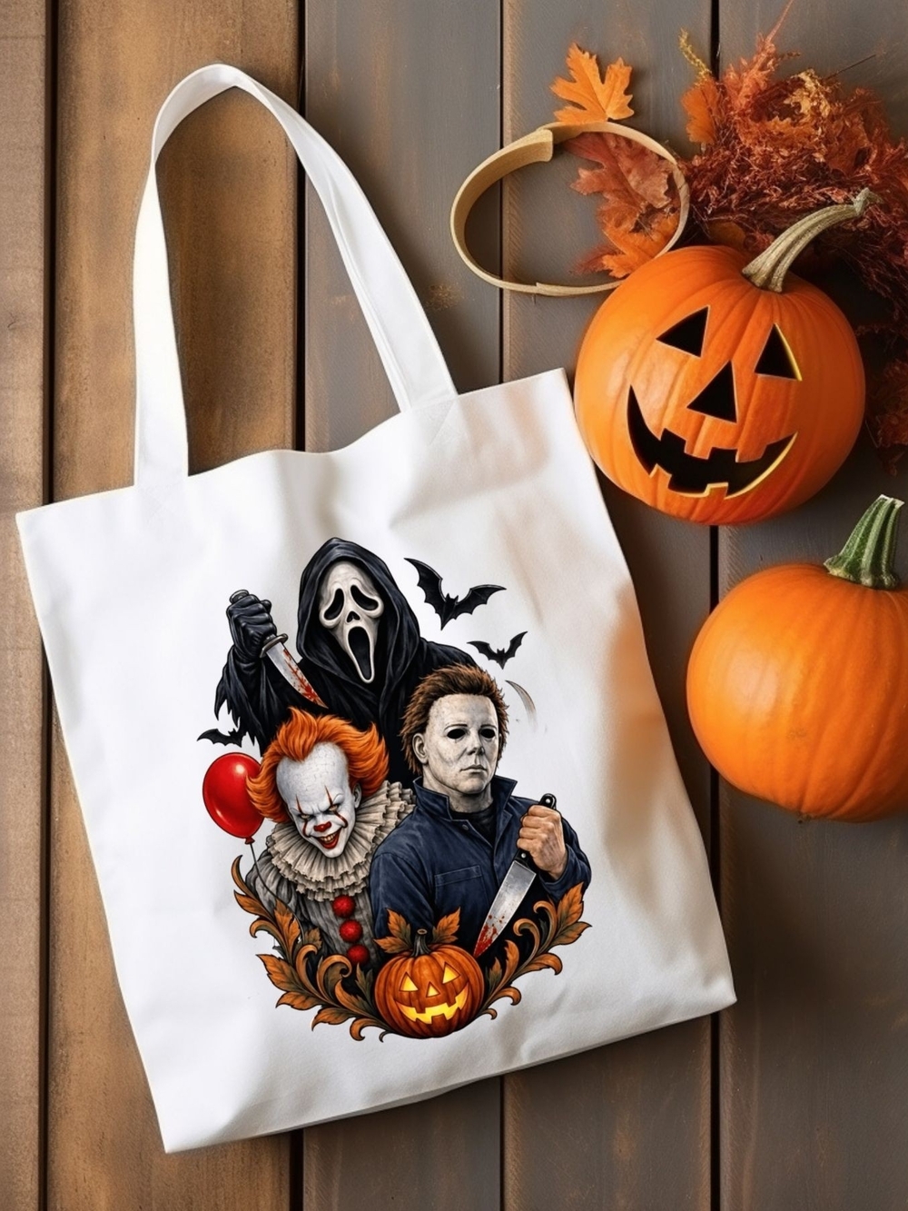 White Kids Halloween Costume Tote Bag with Horror Characters